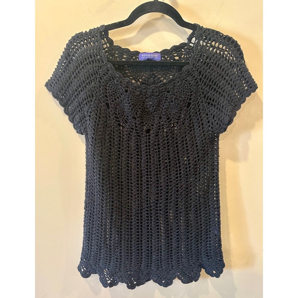Vintage Vivienne Tam Y2K Women's Crochet Short Sleeve Top Sz Med 90s Cottagecore
